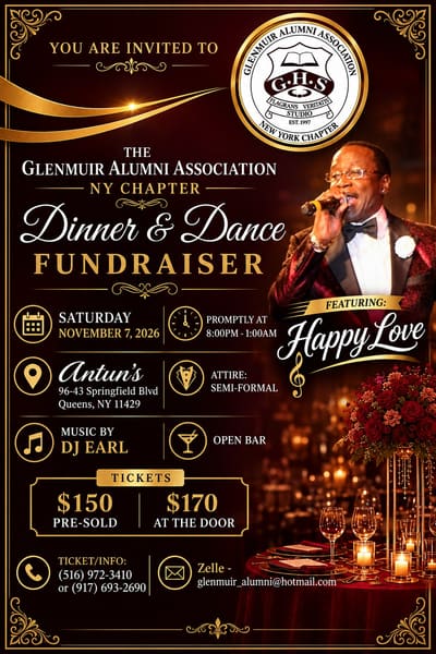Flyer for the Glenmuir Alumni Association NY Chapter Dinner and Dance Fundraiser, Saturday November 7, 2026 at Antun's, featuring Happy Love